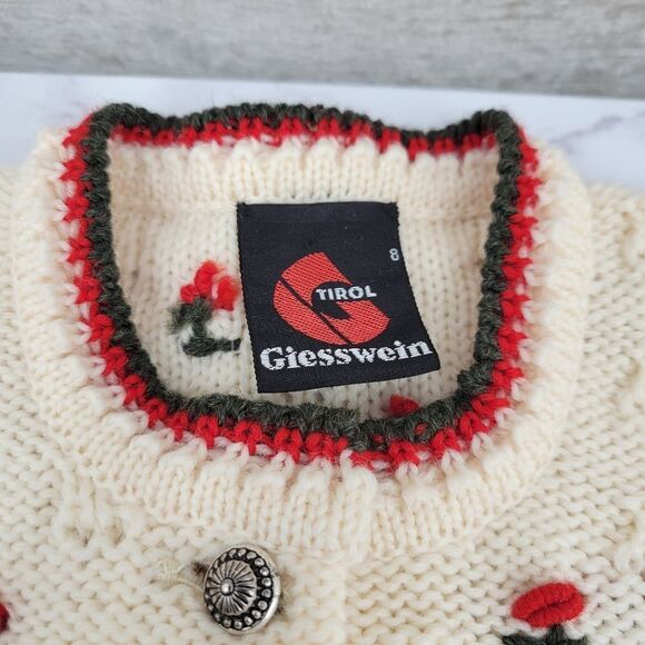 Giesswein Vintage Austria Wool Cream Cardigan with Red Green Floral Embroidery - Picture 4 of 11